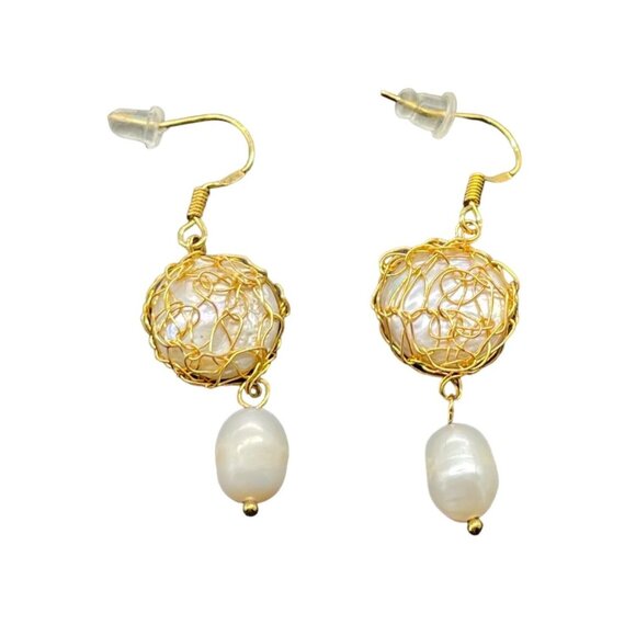 925 Sterling Silver Real Pearl Wire Wrapped Dangle Drop Earrings - Picture 1 of 4